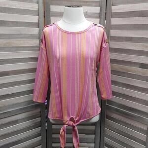 Womens 3/4 Sleeve Stripe Drop Shoulder Tie Front Top | Cure | Small